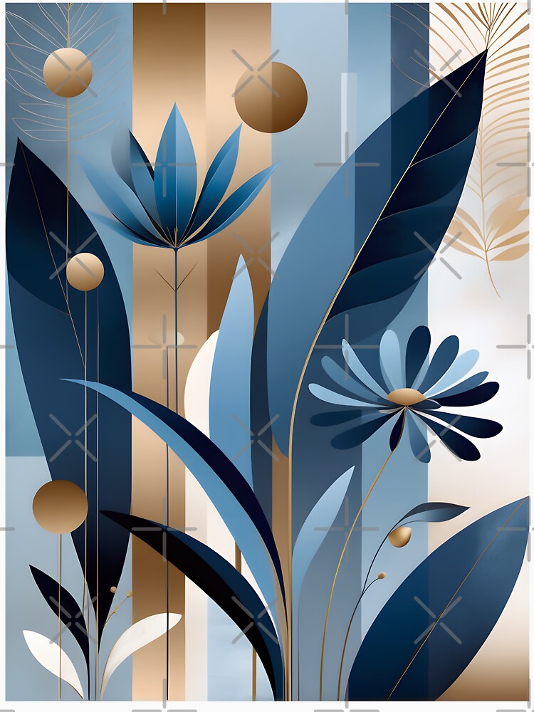Mid Century Botanical Retro Geometric Leaves  Florals   Icy Blue, Gold by Prints and Lifestyle