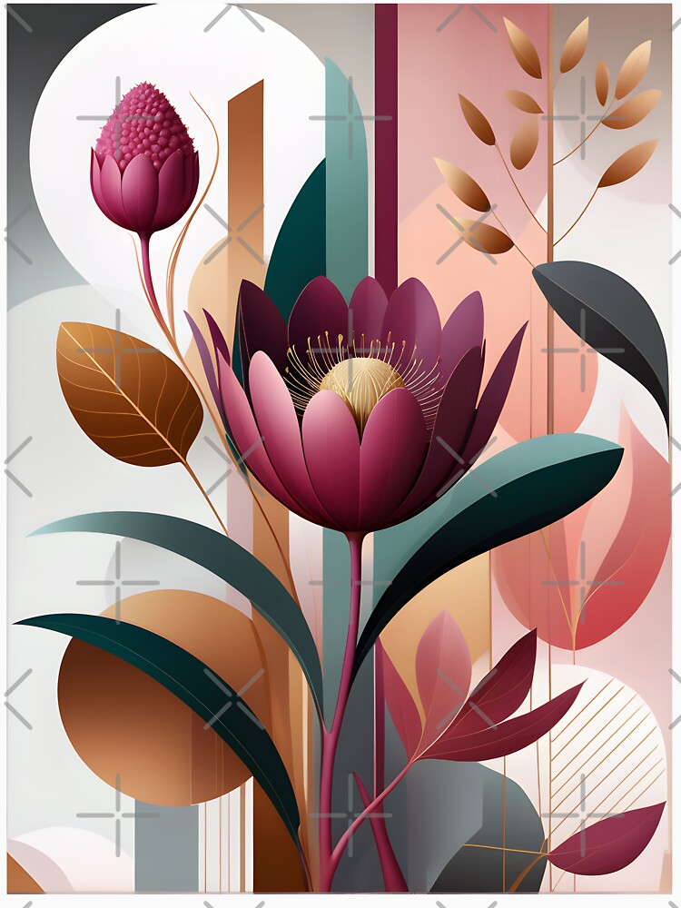 Mid Century Modern Abstract Botanical  Floral Pattern Berry, Gold #2 by Prints and Lifestyle