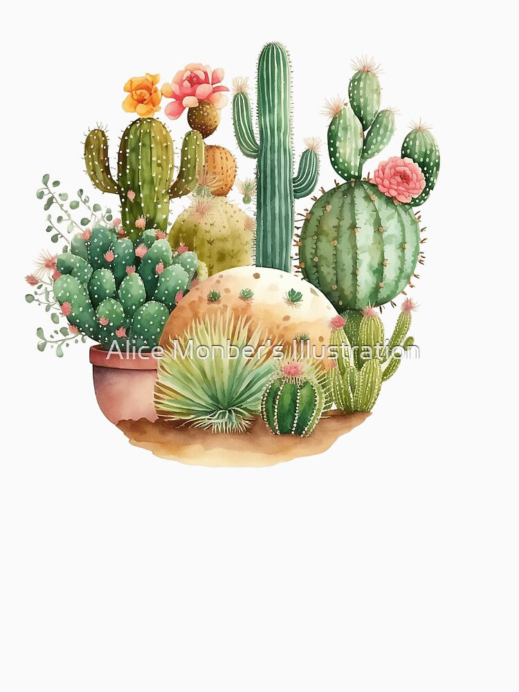 Cactus Garden and Pink Flowers Watercolor by Alice Monber’s Illustration