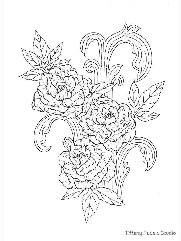 Frilly Floral Sketch – Botanical Line Art Neutral Floral Drawing by Tiffany Fabelo Studio