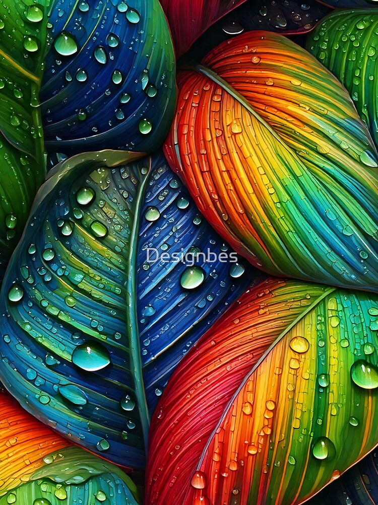 Dewdrops glistening on tropical leaves by Designbes