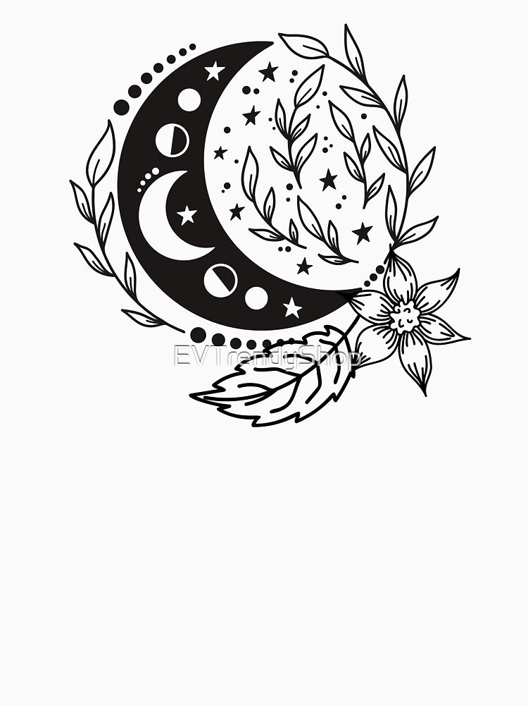 Moon Botanical Black and White Boho Design, Floral Moon Shirt, Moon Wildflower, Astronomy T-Shirt, Celestial Shirt by EVTrendyShop