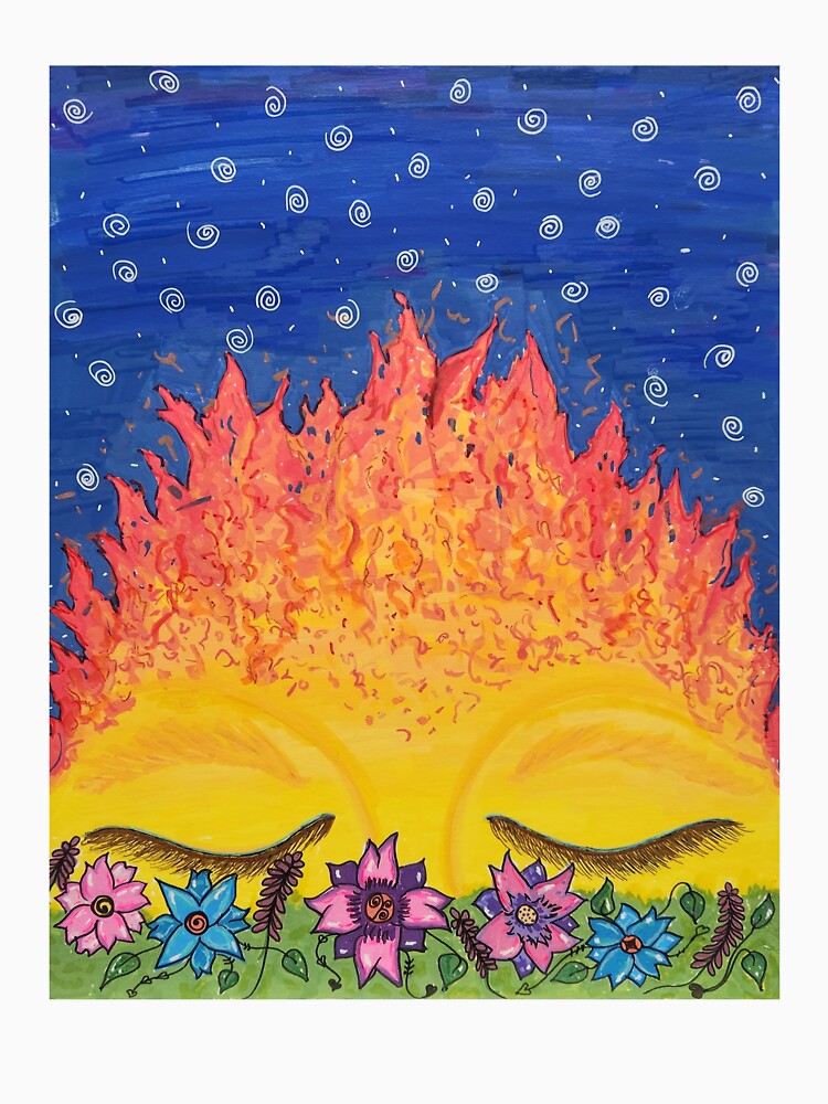 Whimsical Sun Illustration – Psychedelic Celestial Art with Flames & Flowers for Boho Decor by ColorAndChaos