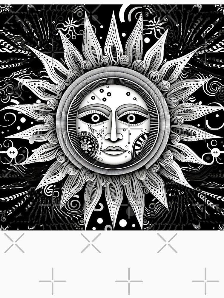 ENGRAVING OF A STYLIZED SUN IN BLACK AND WHITE. by infinitearte