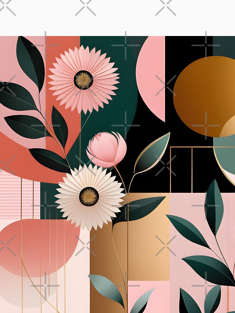 Mid Century Botanical Retro Geometric Leaves  Florals Pink, Green by Prints and Lifestyle