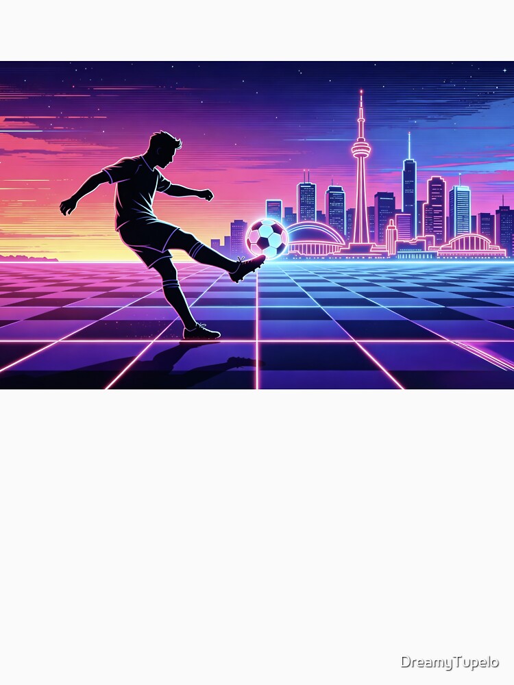 Neon Soccer Player Silhouette Retro City Skyline Sports T-Shirt by DreamyTupelo