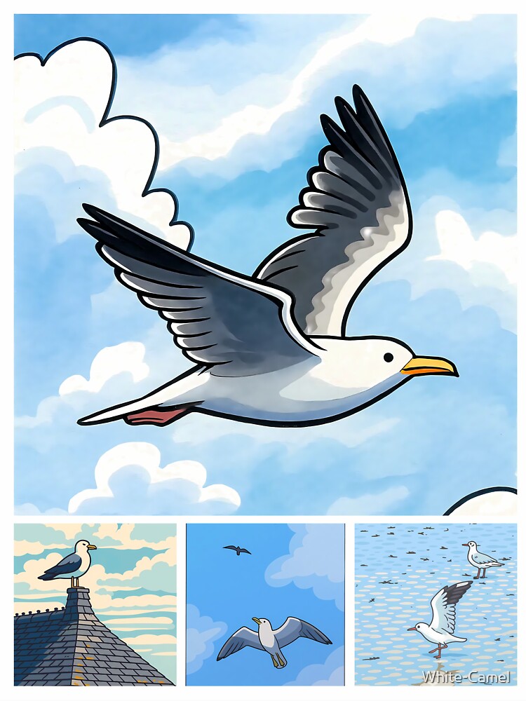 Sunset Flight Vintage Seabirds Coastal Sunset Collage Poster Art by White-Camel