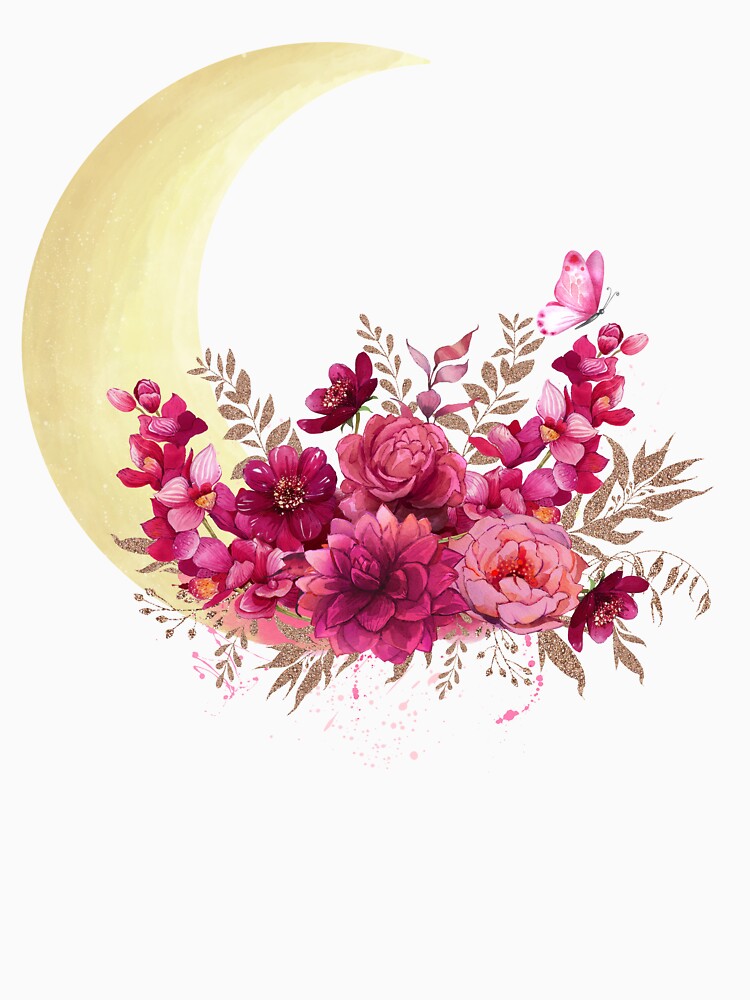 Floral Crescent Moon Design – Pink Watercolor Flowers & Butterfly Aesthetic by kpwi_maduwanthi