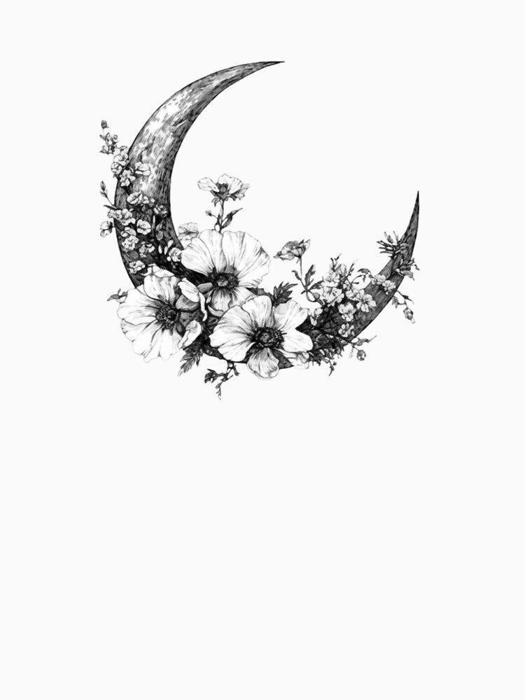 Quiet Bloom Crescent Moon – Celestial Botanical Engraving by LunarStillCo