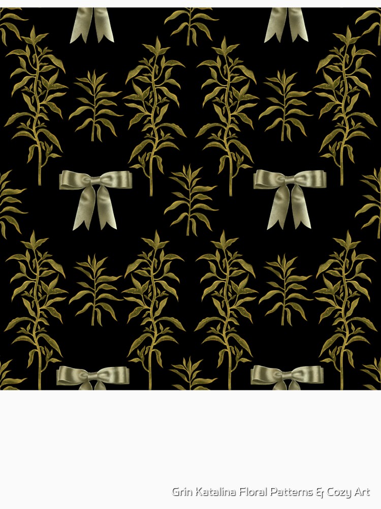 Botanical seamless print of green leaves and herbs, green bows on a black background by Grin Katalina Floral Patterns & Cozy Art
