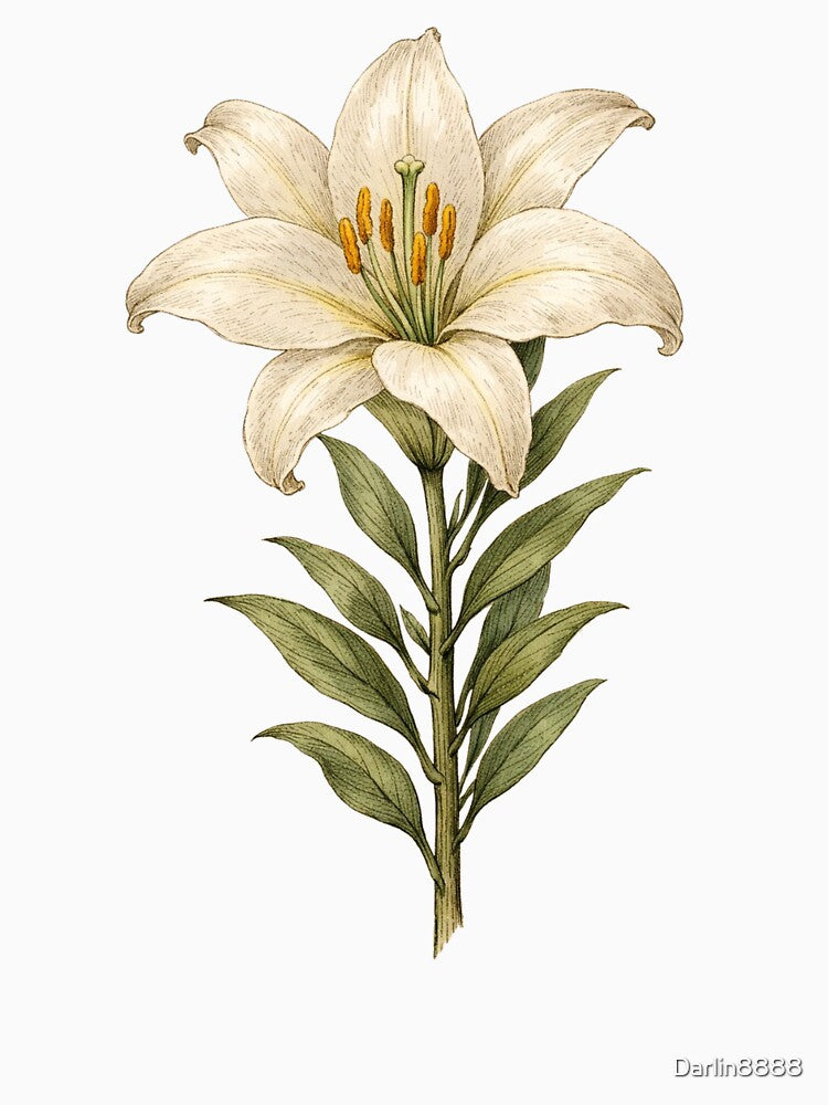 Vintage White Lily Botanical Illustration - Antique Flower Print by Darlin8888
