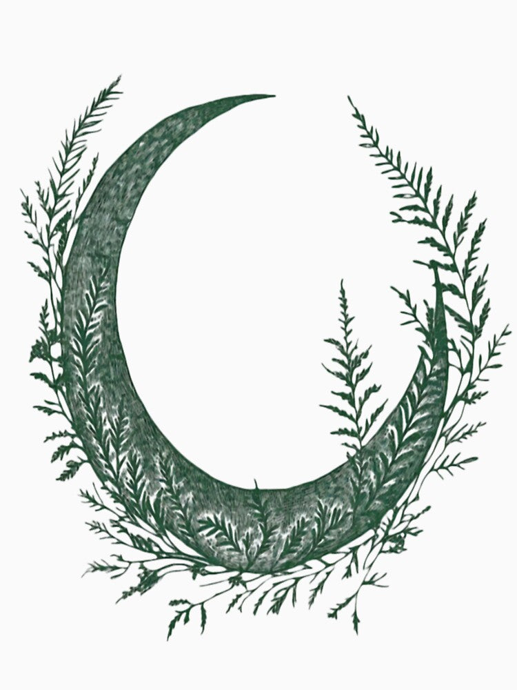 Forest Calm Crescent Moon – Botanical Celestial Engraving by LunarStillCo