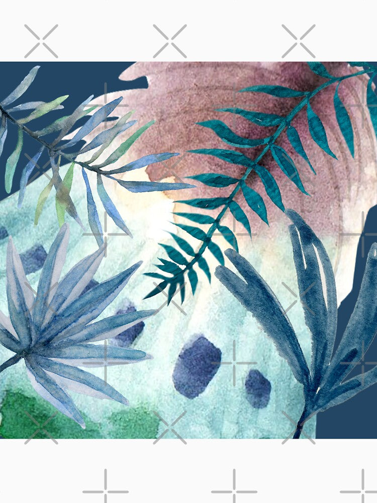 Tropical Green and Blue Leaves with Feather Fan on Dark Blue Background (2of3) by DzineVine