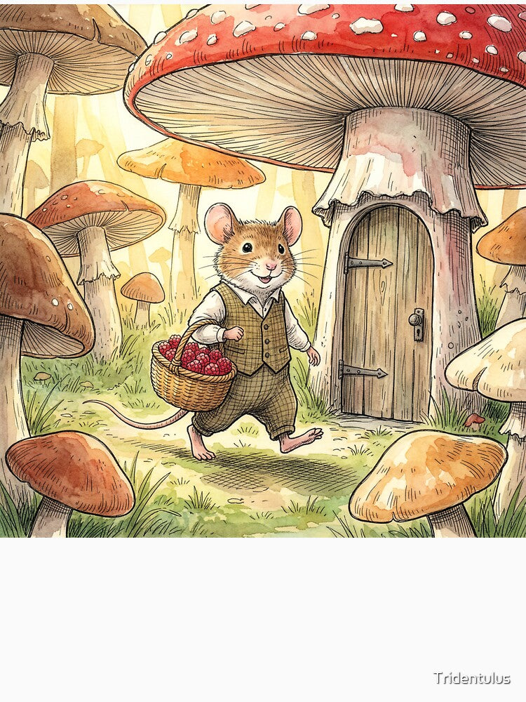 Mouse Brings Raspberries to His Mushroom House by Tridentulus