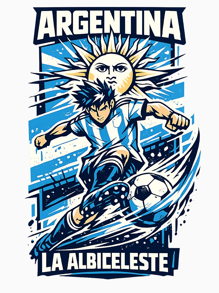 Argentina Soccer Anime Design – La Albiceleste Street Football Art – Dynamic Striker Graphic Tee by JonelCrafts