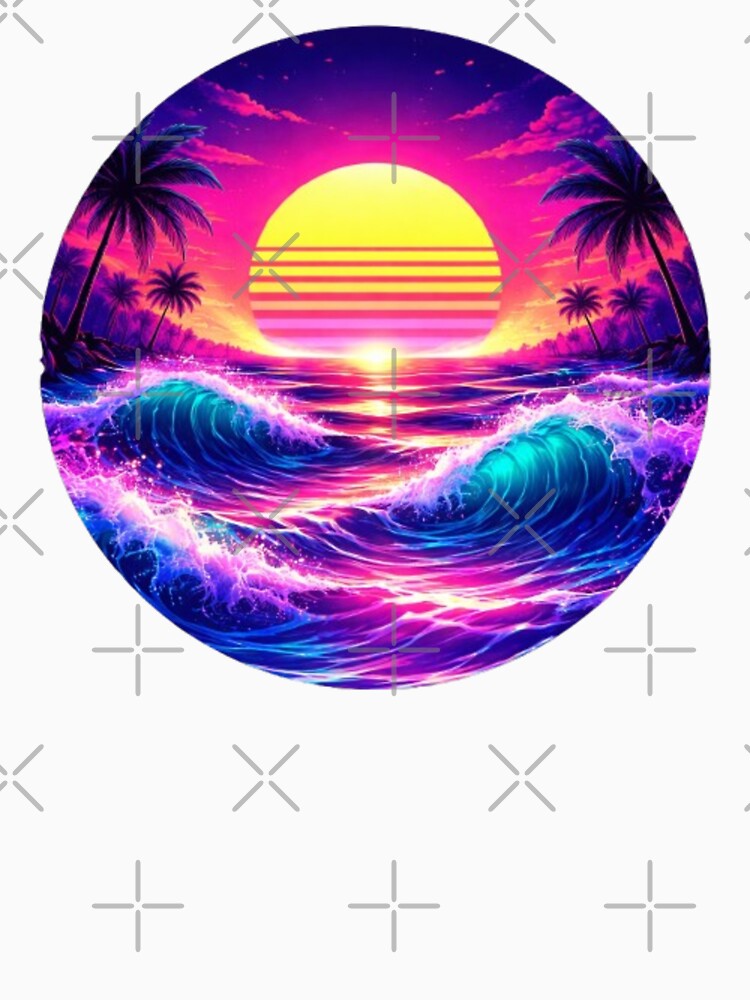 Neon Tropical Sunset Waves with Retro Synthwave Sun and Palm Paradise Aesthetic by QuotinTs