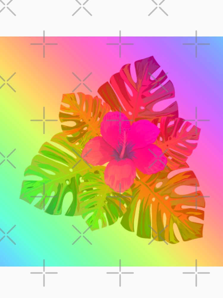 Tropical Rainbow Multicolor Hibiscus Leaves Pink Flower Green Leaves by hearthearts