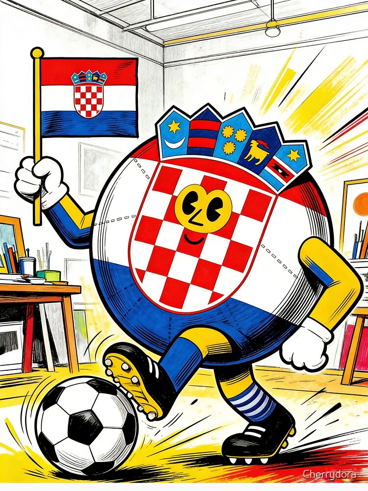 Croatian Football Mascot Art | Retro Vintage Cartoon Soccer Player | Šahovnica Checkerboard Fan Design by Cherrydora