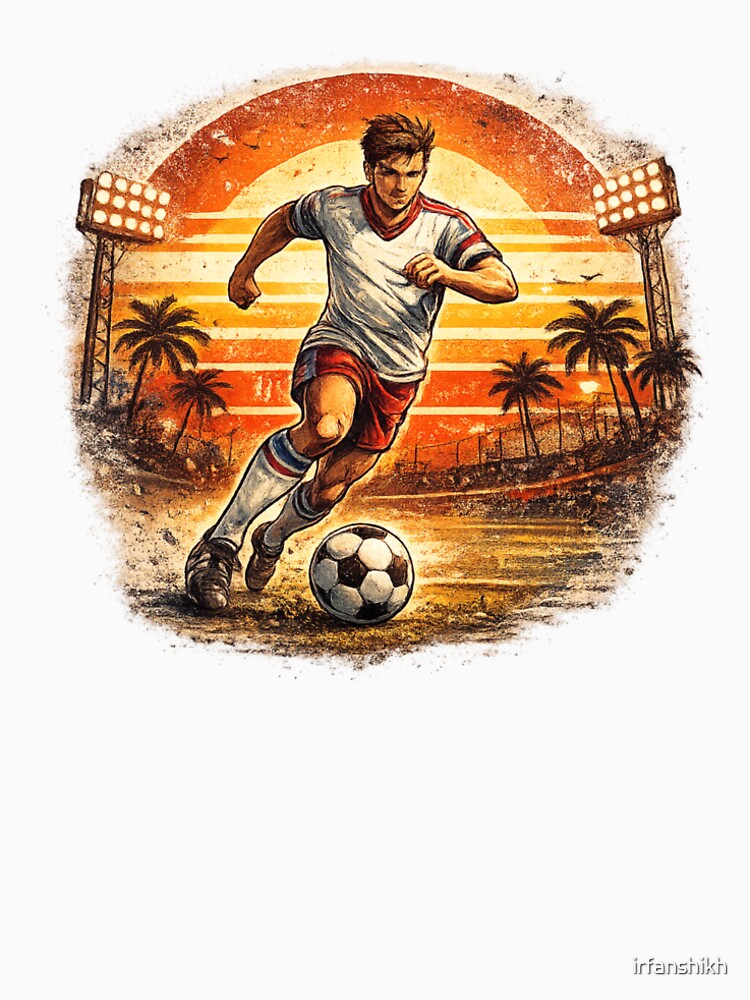 Retro Soccer Player Dribbling Stadium Sunset – Vintage Comic Football Art | Soccer Player Gift by irfanshikh
