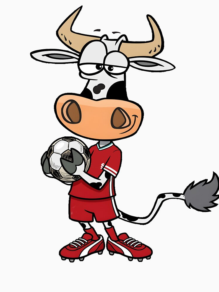 Funny Cartoon Cow Playing Soccer in Red Uniform by PholPol1959