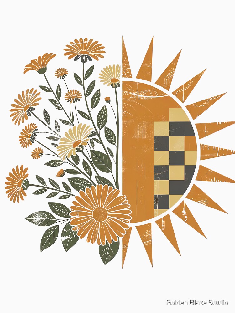 Boho Sun and Flowers – Retro Floral Sunshine, Vintage Botanical Aesthetic Design by Golden Blaze Studio
