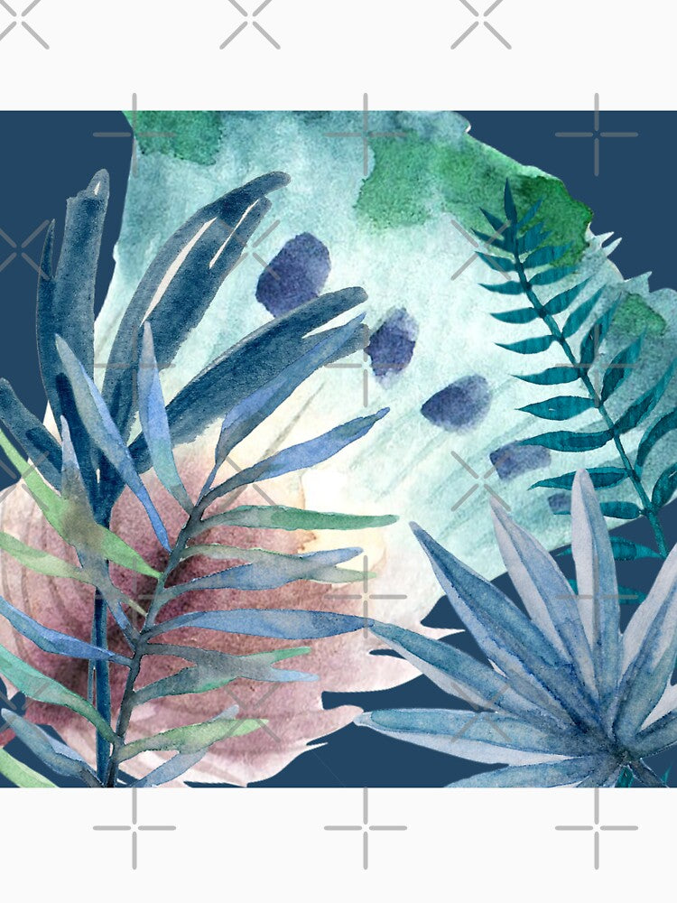 Tropical Green and Blue Leaves with Feather Fan on Dark Blue Background (1of3) by DzineVine
