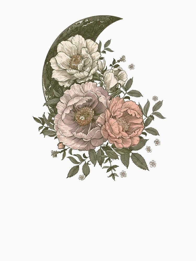 Gentle Eclipse Crescent Moon – Vintage Floral Stillness Art by LunarStillCo