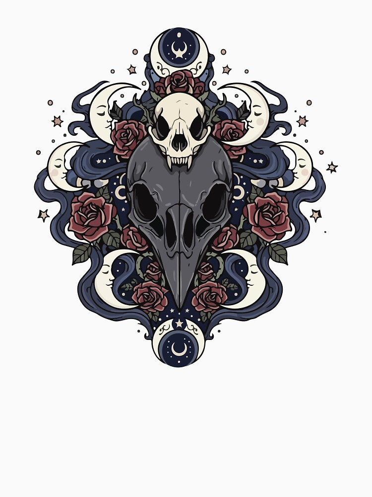 Gothic Crow and Cat Skulls with Moons and Roses by BrownHorse90s