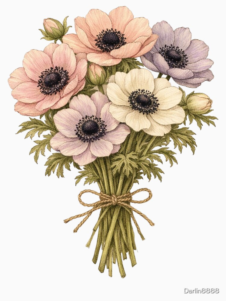 Vintage Anemone Flower Bouquet Botanical Illustration - Antique Floral Print by Darlin8888