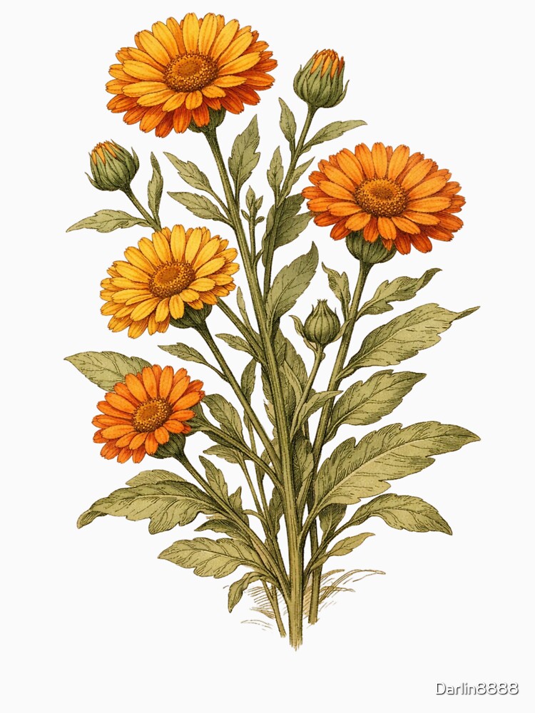 Vintage Calendula Botanical Illustration - Calendula Officinalis Antique Herb Print by Darlin8888