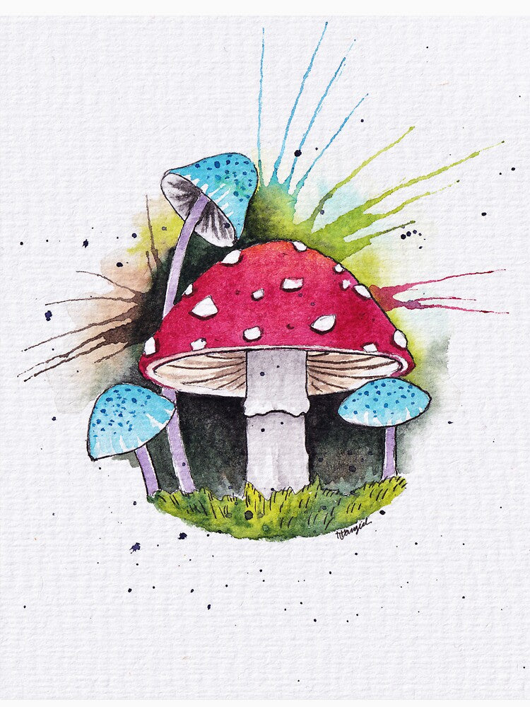 Red And Blue Mushrooms In Watercolor by Oirabot
