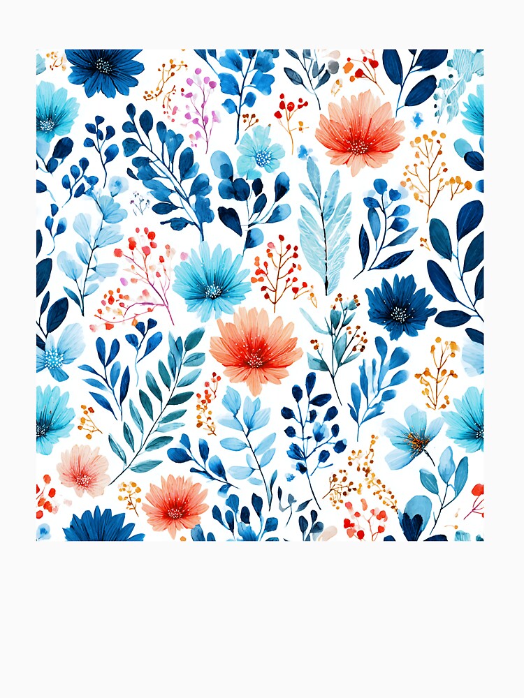 Watercolor Blue Orange Flowers Seamless Pattern by BonaDesignsArt