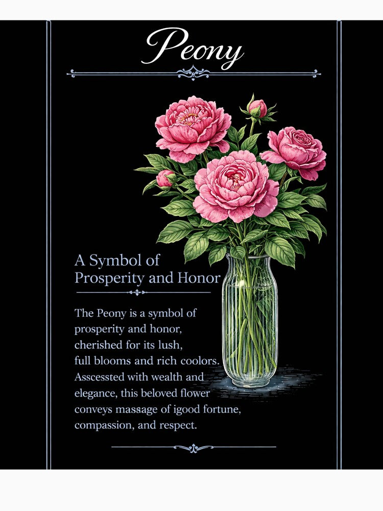 Peony Botanical Print, Vintage Floral Illustration, Prosperity and Honor on Black by Prayful