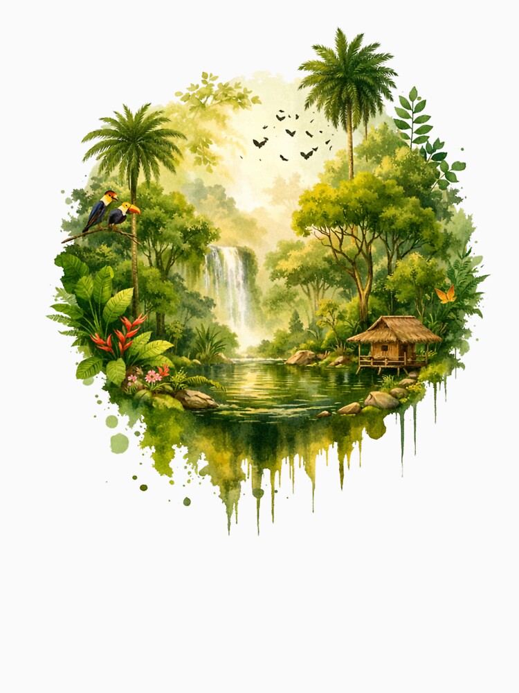 Tropical Jungle Waterfall Landscape – Rainforest Nature Illustration by kpwi_maduwanthi