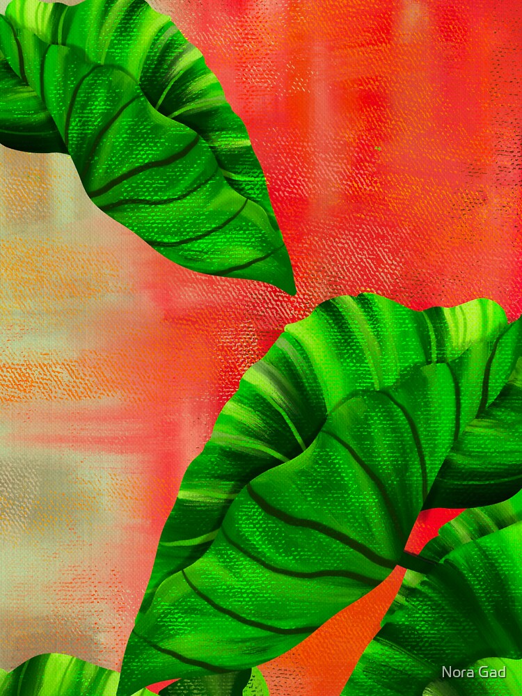 Tropical leaves on the red wall by Nora Gad
