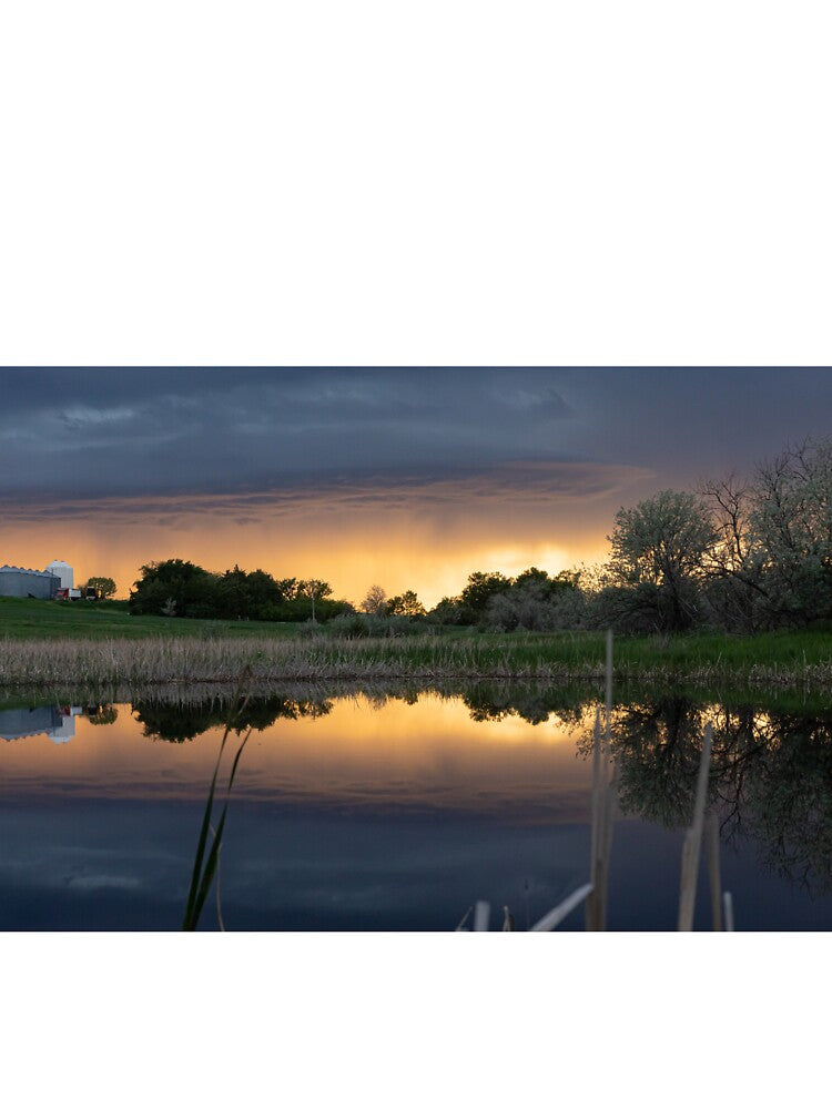 Landscape sunset reflection in a pond with farm by PTPhotoLLC