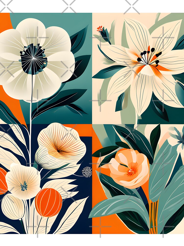 Mid Century Botanical Retro Geometric Leaves  Florals  Tangerine, Cream by Prints and Lifestyle