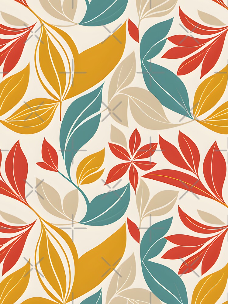Retro Mid Mod Abstract Botanical Red, Mustard, Cream by Prints and Lifestyle