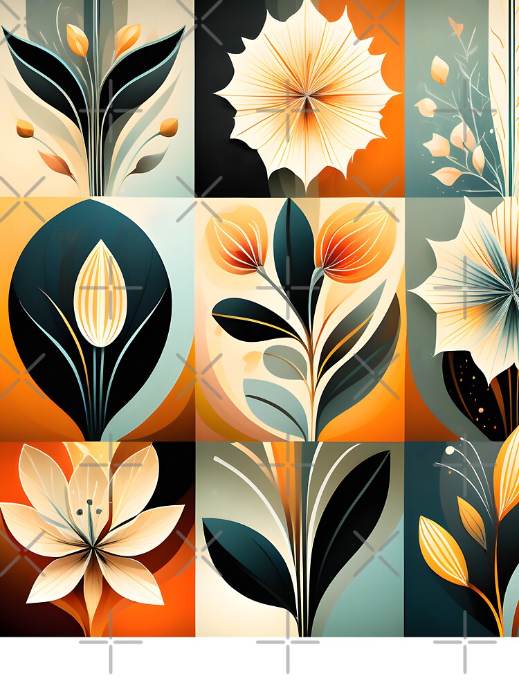 Mid Century Botanical Retro Geometric Leaves  Florals  Tangerine, Yellow by Prints and Lifestyle