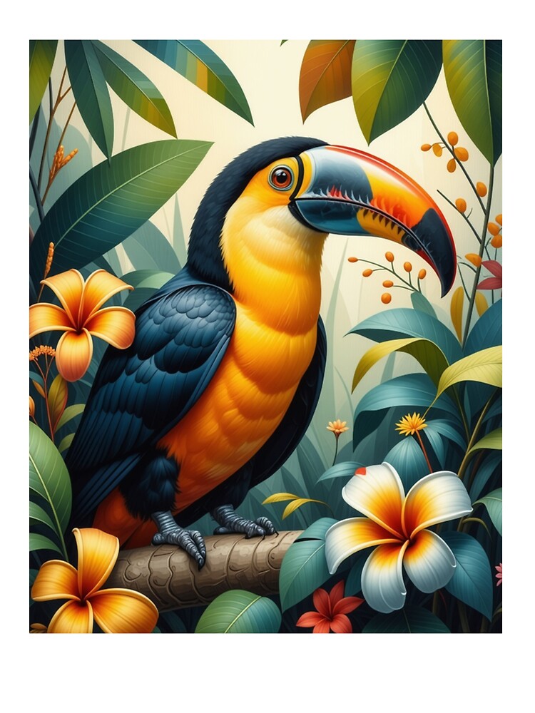 Tucan in the middle of Tropical Flowers and Leaves by FlosArtPrintShop