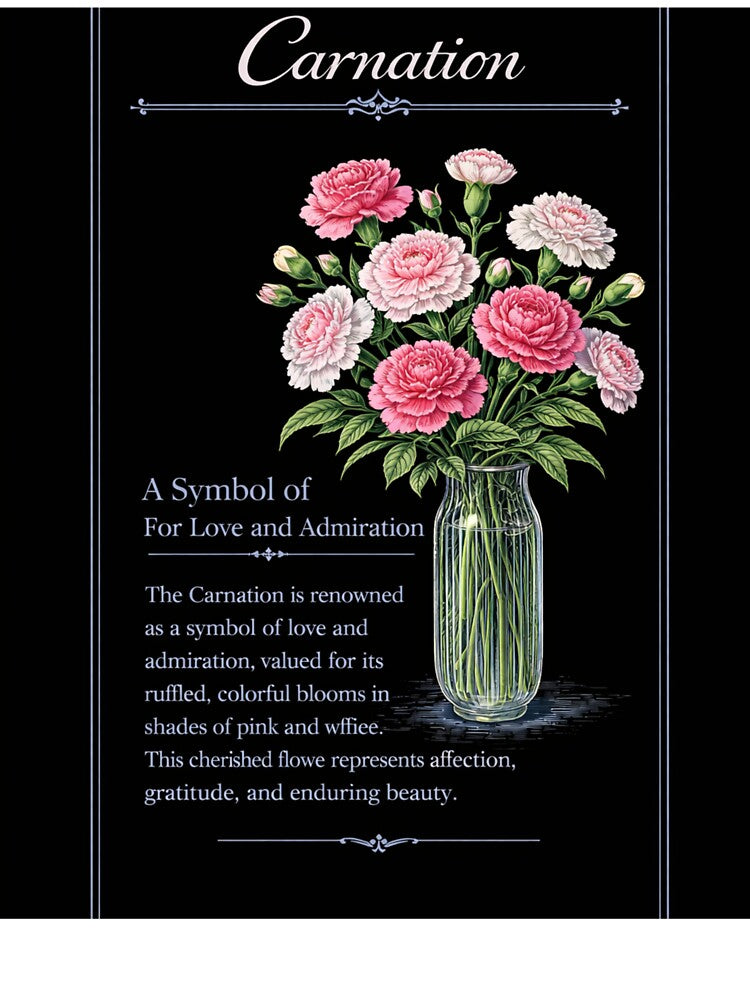 Carnation Botanical Print, Vintage Floral Illustration, Love and Admiration on Black by Prayful