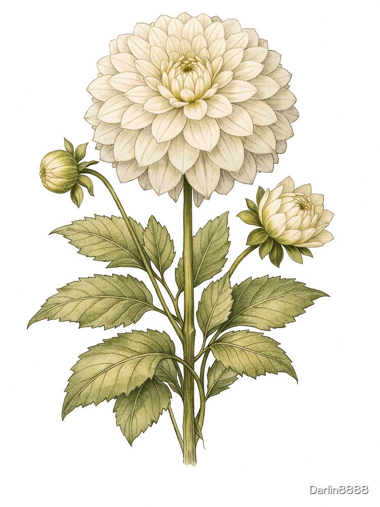 Vintage White Dahlia Botanical Illustration - Antique Flower Print by Darlin8888