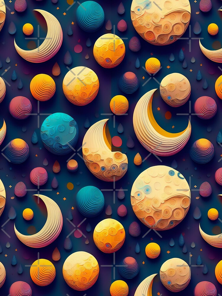 Lunar Landscape: A whimsical pattern featuring moons of various shapes and sizes, each with unique craters and textures, creating a dreamy and ethereal atmosphere. by Grang Art Artistic Designs