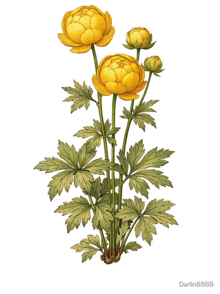 Vintage Globeflower Botanical Illustration - Trollius Europaeus Antique Botanical Print by Darlin8888