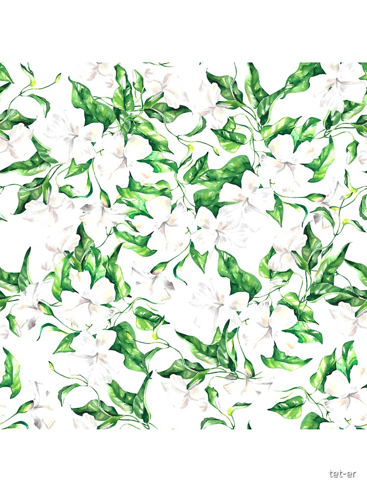 Delicate white flowers, botanical watercolour, green leaves, white flowers pattern, botanical pattern, greenery pattern, by tet-er