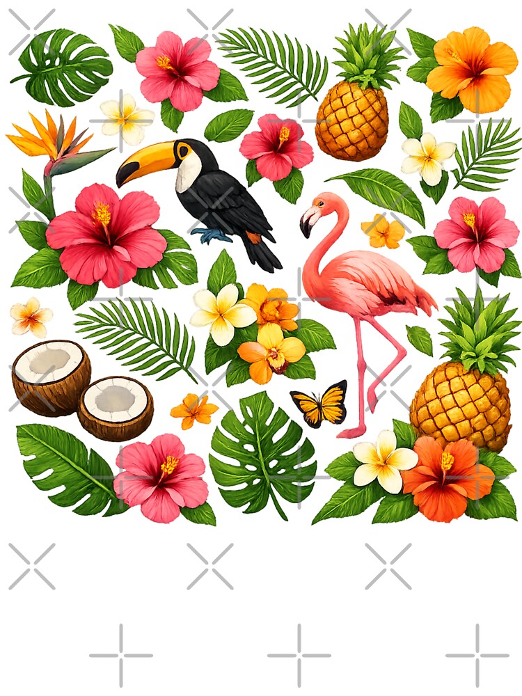 Seamless Tropical Pattern with Exotic Flowers, Leaves, Flamingo & Toucan – Vibrant Summer Botanical Illustration by Aininurs