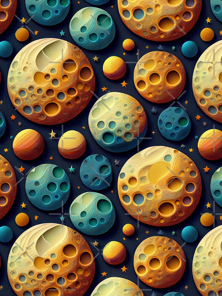 Lunar Moon Landscape: A whimsical pattern featuring moons of various shapes and sizes, each with unique craters and textures, creating a dreamy and ethereal atmosphere. by Grang Art Artistic Designs