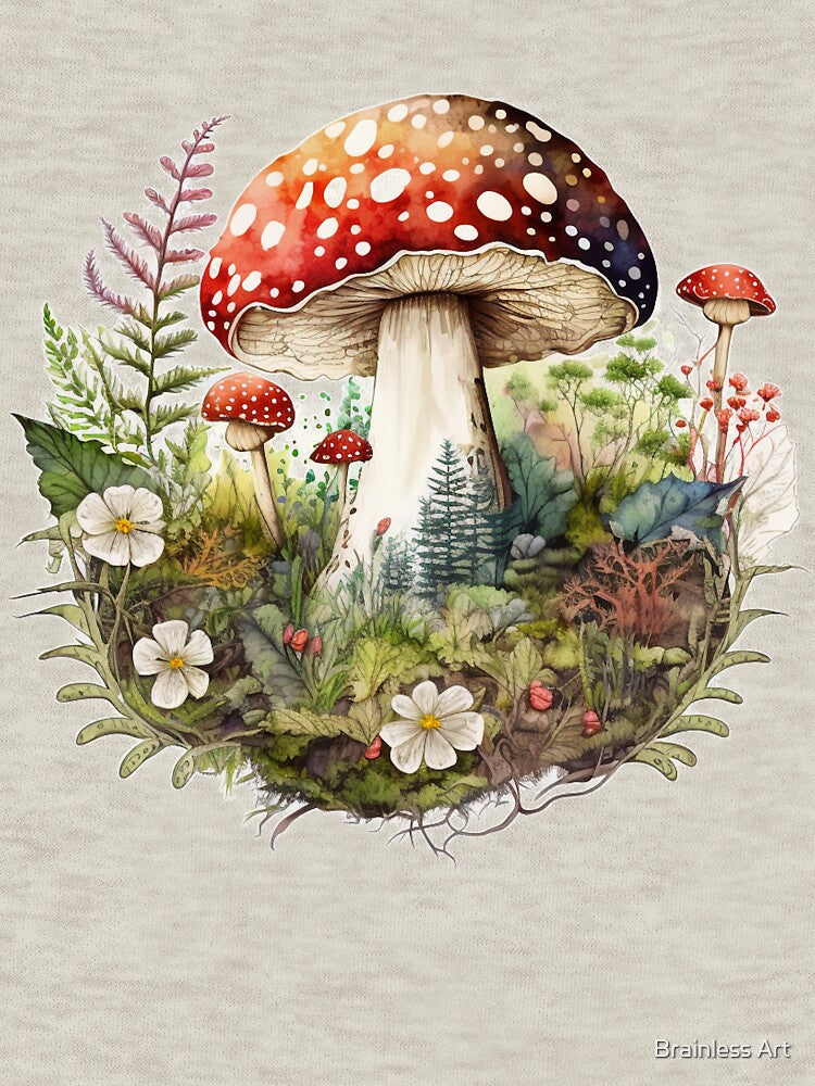 Watercolor Amanita Muscaria Red Mushroom with Wildflowers by Brainless Art