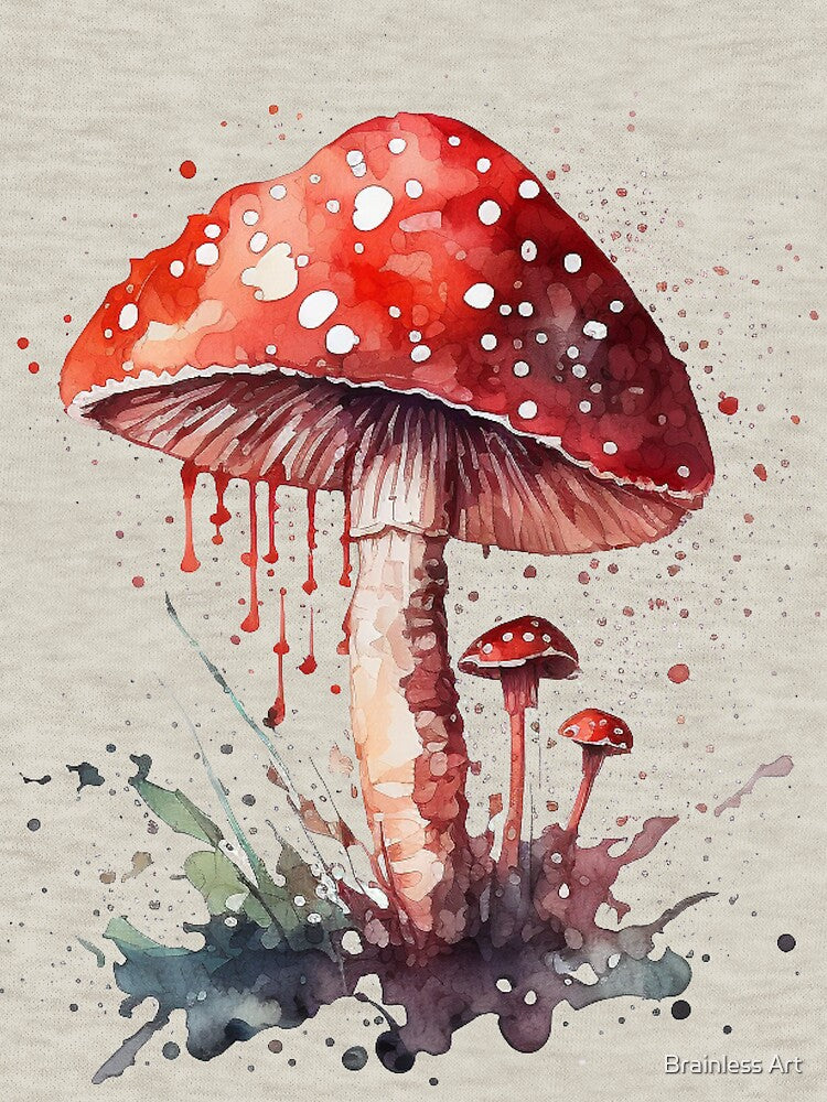 Magical Red Mushroom Watercolor Splash by Brainless Art
