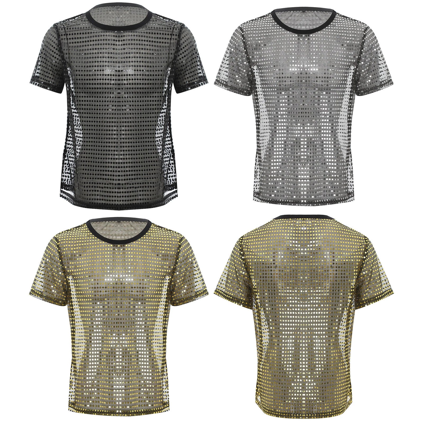 Mens Top Ultra-thin T-shirt Soft Blouse Sequin Tee Mesh Costume Halloween Club